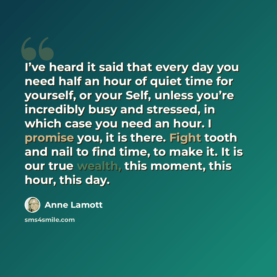 “I’ve heard it said that every day you need half an hour of quiet time for yourself, or your Self, unless you’re incredibly busy and stressed, in which case you need an hour. I promise you, it is there. Fight tooth and nail to find time, to make it. It is our true wealth, this moment, this hour…” quote by Anne Lamott