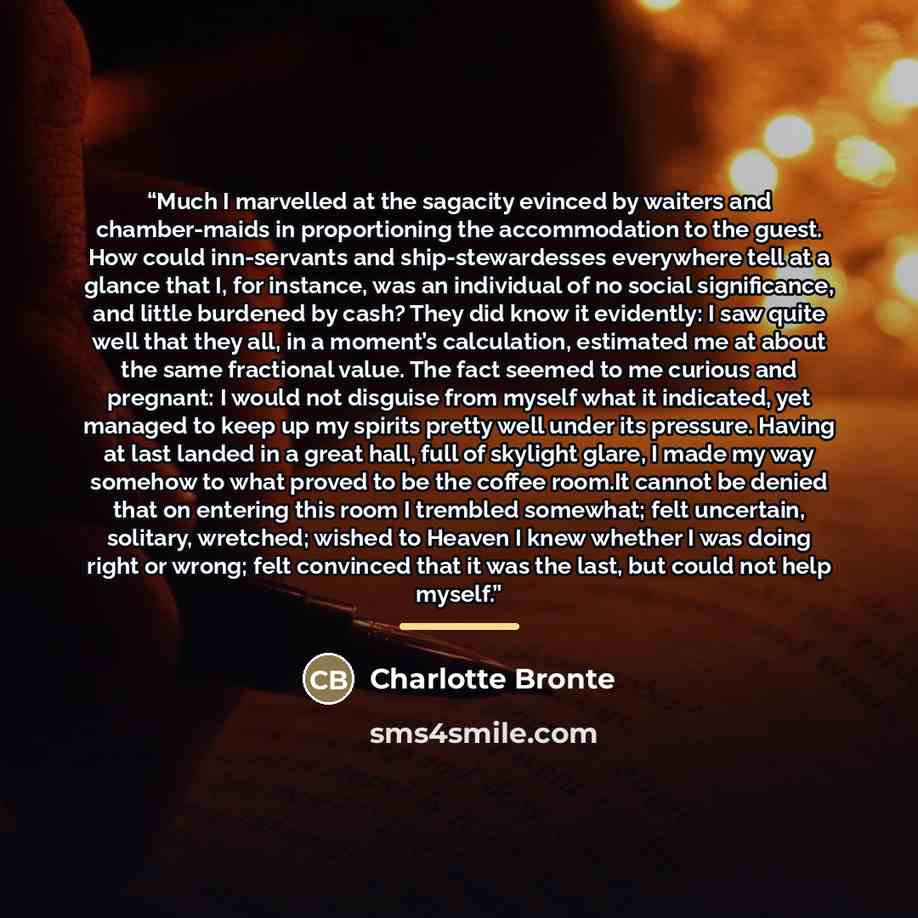 “Much I marvelled at the sagacity evinced by waiters and chamber-maids in proportioning the accommodation to the guest. How could inn-servants and ship-stewardesses everywhere tell at a glance that I, for instance, was an individual of no social significance, and little burdened by cash? They did…” quote by Charlotte Brontë