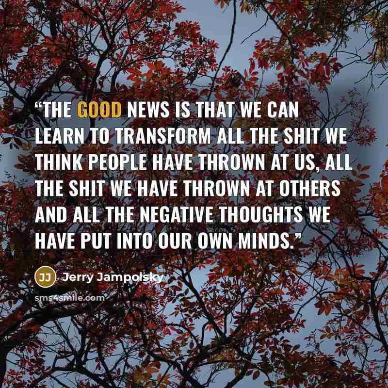 “The good news is that we can learn to transform all the shit we think people have thrown at us, all the shit we have thrown at others and all the negative thoughts we have put into our own minds.” quote by Jerry Jampolsky