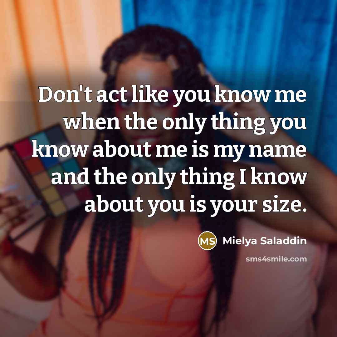 “Don't act like you know me when the only thing you know about me is my name and the only thing I know about you is your size.” quote by Mielya Saladdin