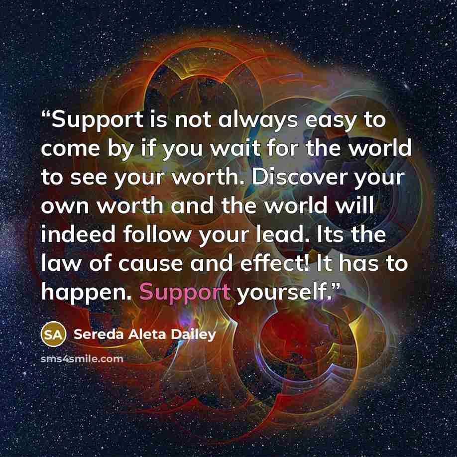 “Support is not always easy to come by if you wait for the world to see your worth. Discover your own worth and the world will indeed follow your lead. Its the law of cause and effect! It has to happen. Support yourself.” quote by Sereda Aleta Dailey