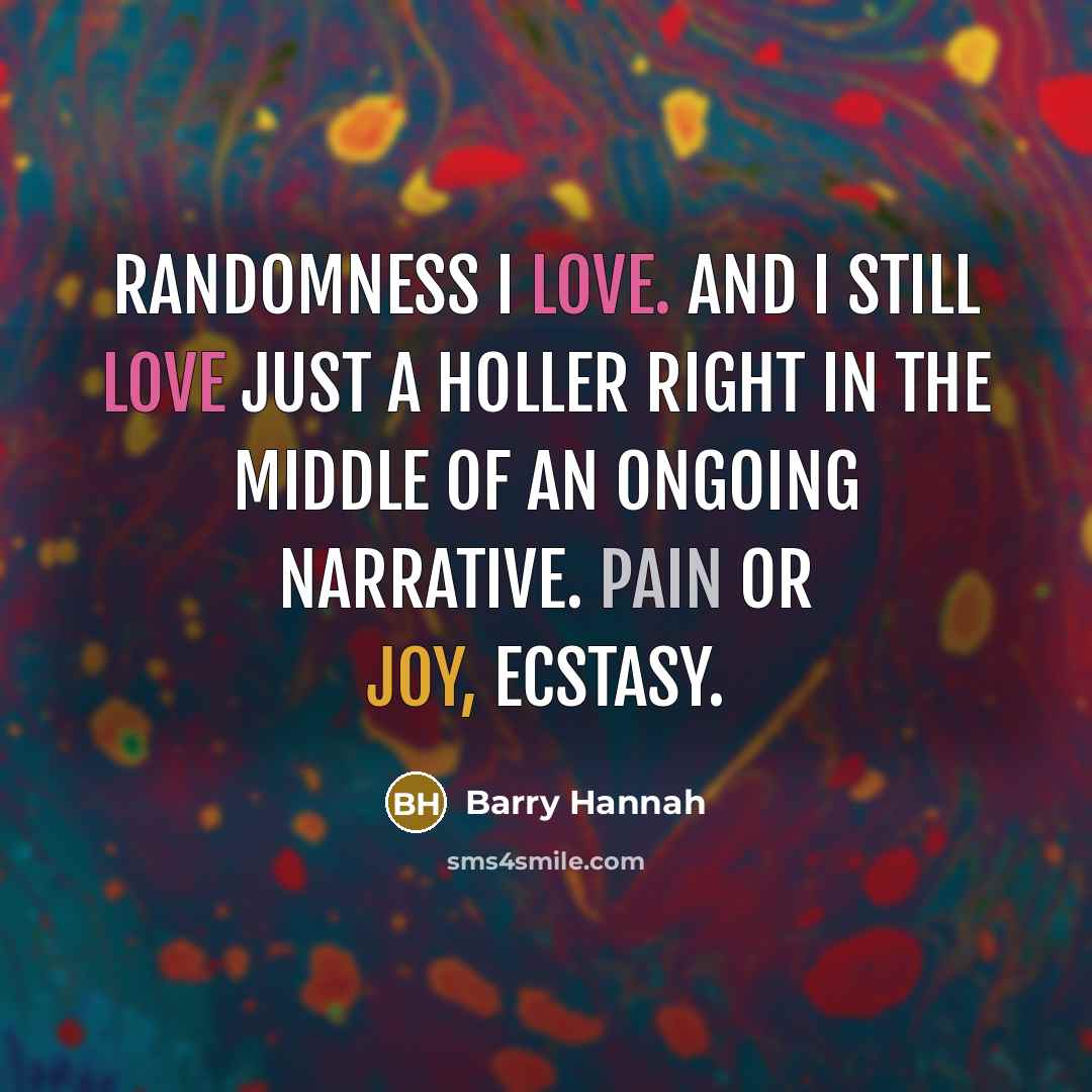 “Randomness I love. And I still love just a holler right in the middle of an ongoing narrative. Pain or joy, ecstasy.” quote by Barry Hannah