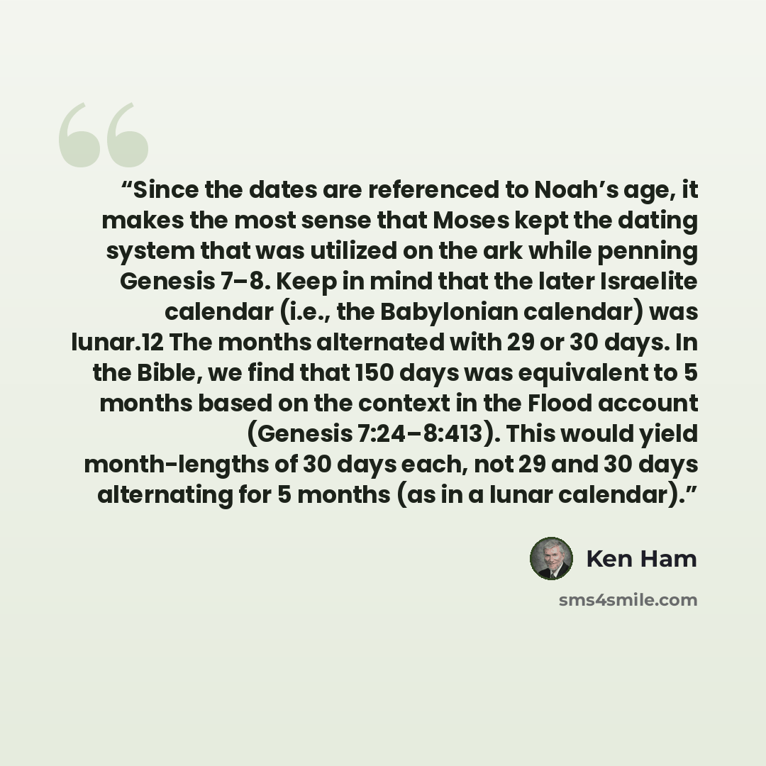 “Since the dates are referenced to Noah’s age, it makes the most sense that Moses kept the dating system that was utilized on the ark while penning Genesis 7–8. Keep in mind that the later Israelite calendar (i.e., the Babylonian calendar) was lunar.12 The months alternated with 29 or 30 days. In…” quote by Ken Ham