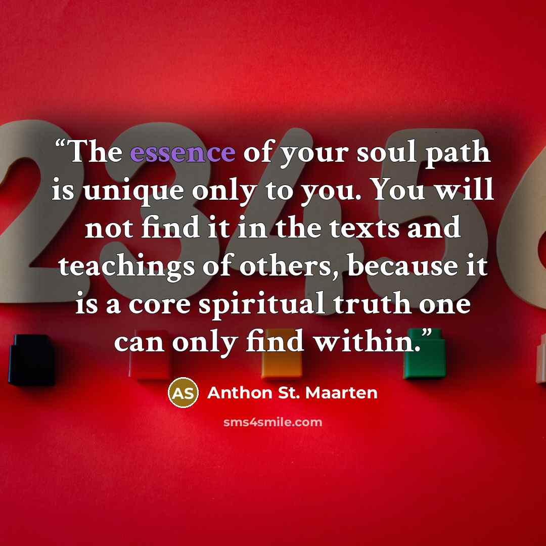 “The essence of your soul path is unique only to you. You will not find it in the texts and teachings of others, because it is a core spiritual truth one can only find within.” quote by Anthon St. Maarten