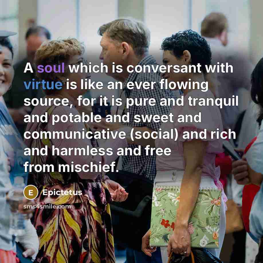 “A soul which is conversant with virtue is like an ever flowing source, for it is pure and tranquil and potable and sweet and communicative (social) and rich and harmless and free from mischief.” quote by Epictetus