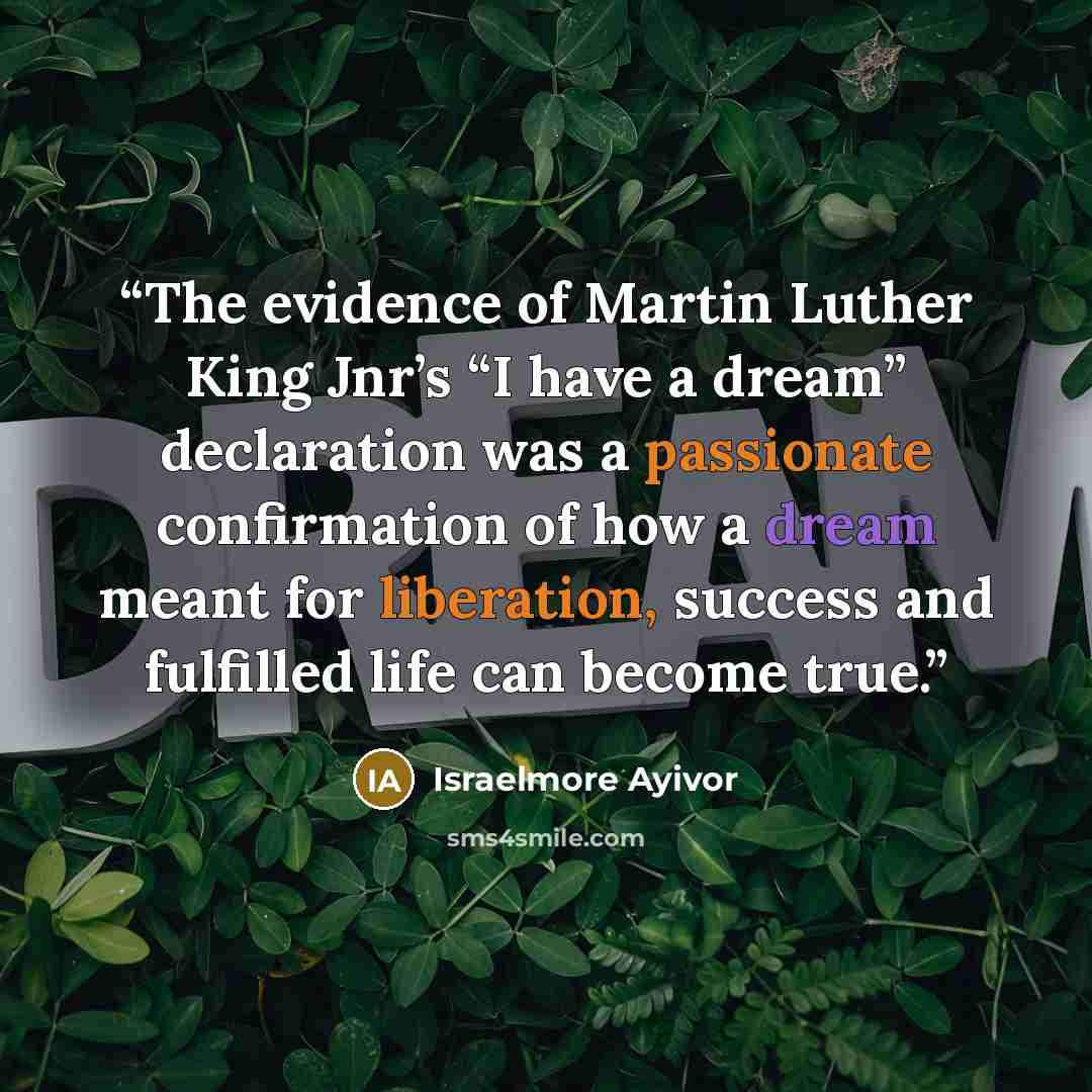 “The evidence of Martin Luther King Jnr’s “I have a dream” declaration was a passionate confirmation of how a dream meant for liberation, success and fulfilled life can become true.” quote by Israelmore Ayivor