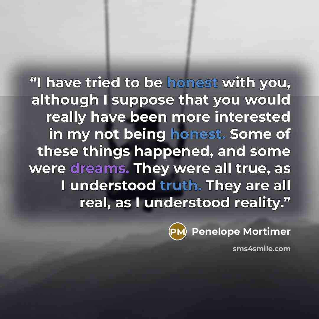 “I have tried to be honest with you, although I suppose that you would really have been more interested in my not being honest. Some of these things happened, and some were dreams. They were all true, as I understood truth. They are all real, as I understood reality.” quote by Penelope Mortimer