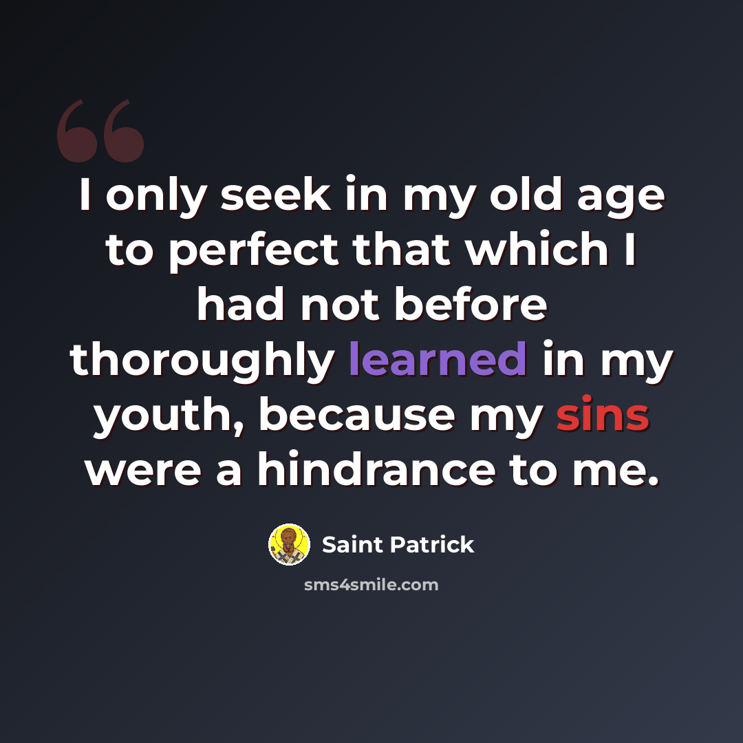 “I only seek in my old age to perfect that which I had not before thoroughly learned in my youth, because my sins were a hindrance to me.” quote by Saint Patrick