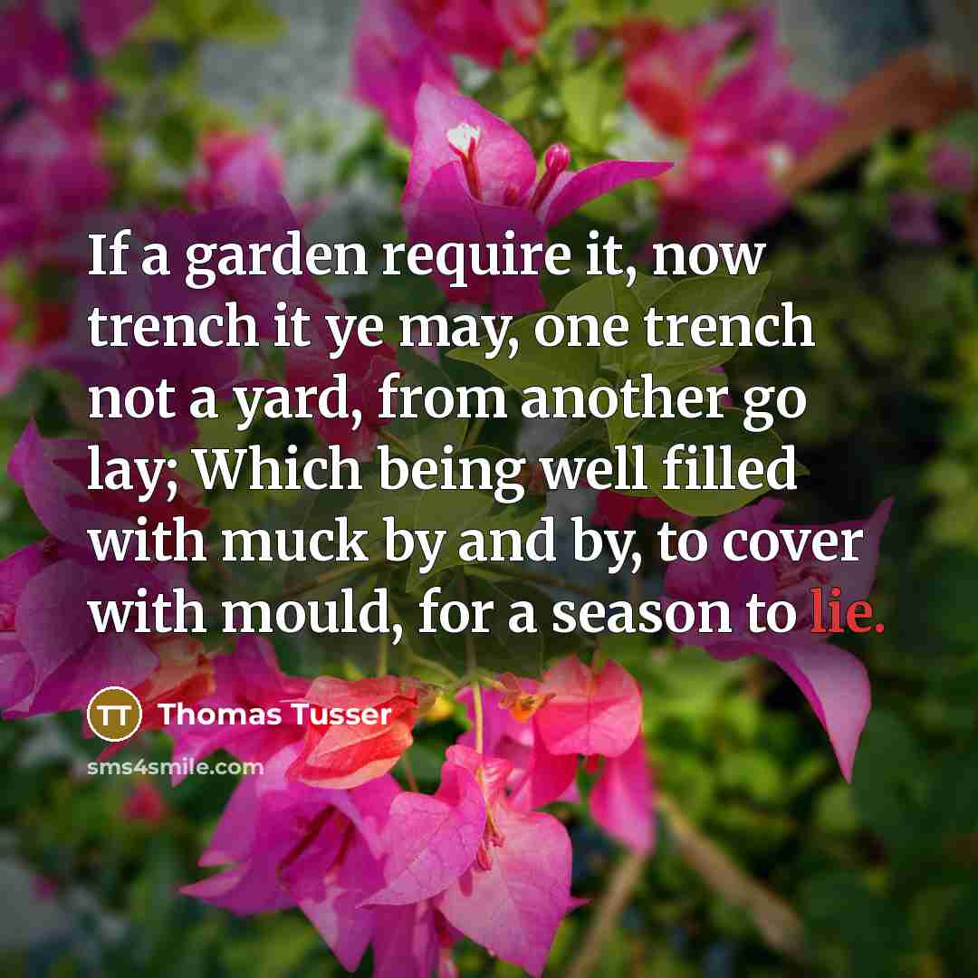 “If a garden require it, now trench it ye may, one trench not a yard, from another go lay; Which being well filled with muck by and by, to cover with mould, for a season to lie.” quote by Thomas Tusser