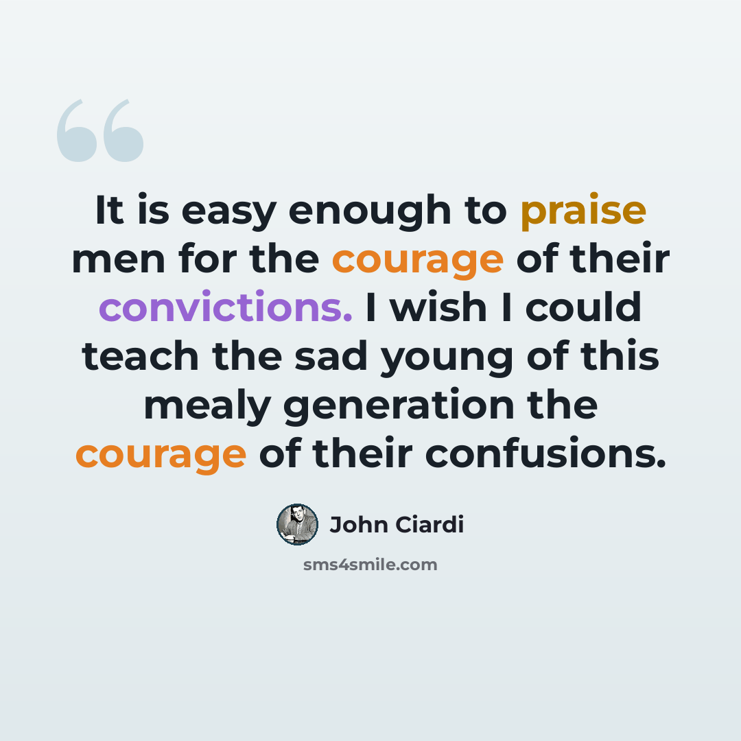 “It is easy enough to praise men for the courage of their convictions. I wish I could teach the sad young of this mealy generation the courage of their confusions.” quote by John Ciardi