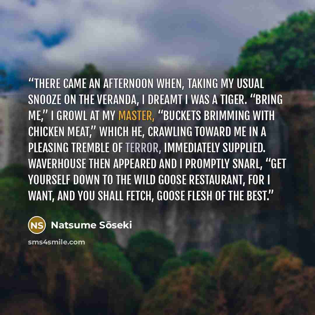 “There came an afternoon when, taking my usual snooze on the veranda, I dreamt I was a tiger. “Bring me,” I growl at my master, “buckets brimming with chicken meat,” which he, crawling toward me in a pleasing tremble of terror, immediately supplied. Waverhouse then appeared and I promptly snarl…” quote by Natsume Sōseki