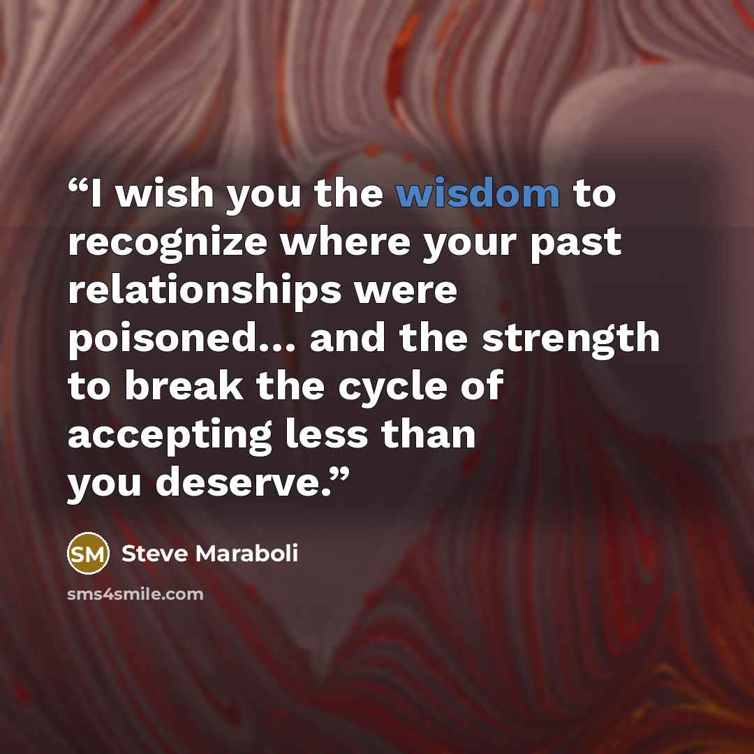 “I wish you the wisdom to recognize where your past relationships were poisoned… and the strength to break the cycle of accepting less than you deserve.” quote by Steve Maraboli