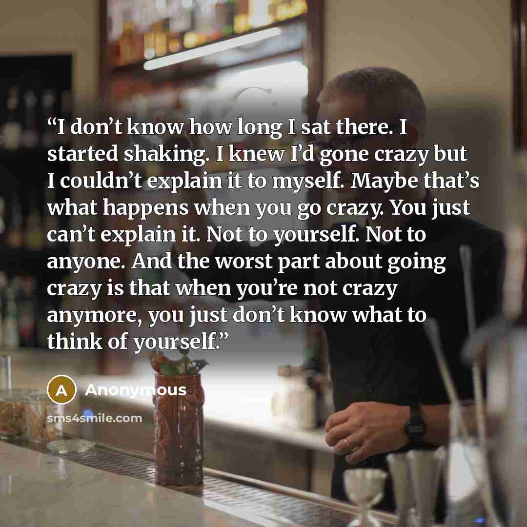 “I don’t know how long I sat there. I started shaking. I knew I’d gone crazy but I couldn’t explain it to myself. Maybe that’s what happens when you go crazy. You just can’t explain it. Not to yourself. Not to anyone. And the worst part about going crazy is that when you’re not crazy anymore, you…” quote by Anonymous