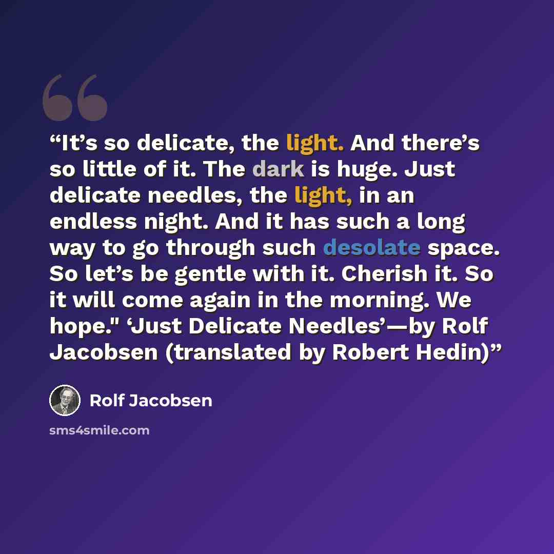“It’s so delicate, the light. And there’s so little of it. The dark is huge. Just delicate needles, the light, in an endless night. And it has such a long way to go through such desolate space. So let’s be gentle with it. Cherish it. So it will come again in the morning. We hope." ‘Just Delicate…” quote by Rolf Jacobsen