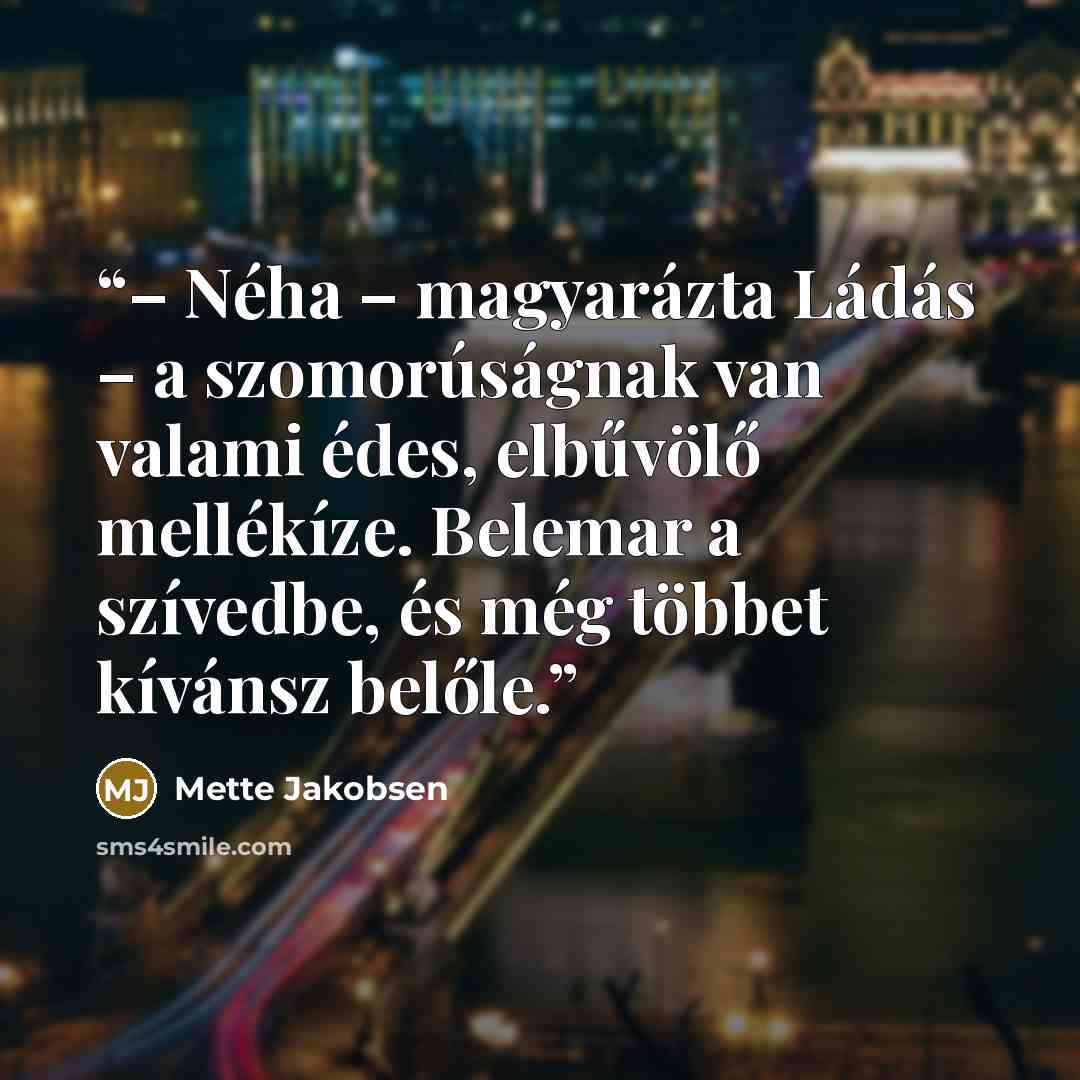 “– Néha – magyarázta Ládás – a szomorúságnak van valami édes, elbűvölő mellékíze. Belemar a szívedbe, és még többet kívánsz belőle.” quote by Mette Jakobsen