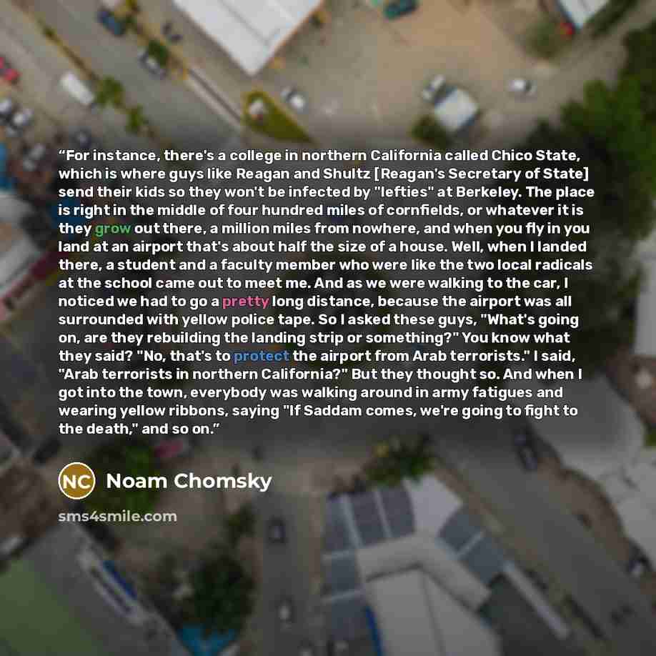 “For instance, there's a college in northern California called Chico State, which is where guys like Reagan and Shultz [Reagan's Secretary of State] send their kids so they won't be infected by "lefties" at Berkeley. The place is right in the middle of four hundred miles of cornfields, or whatever…” quote by Noam Chomsky