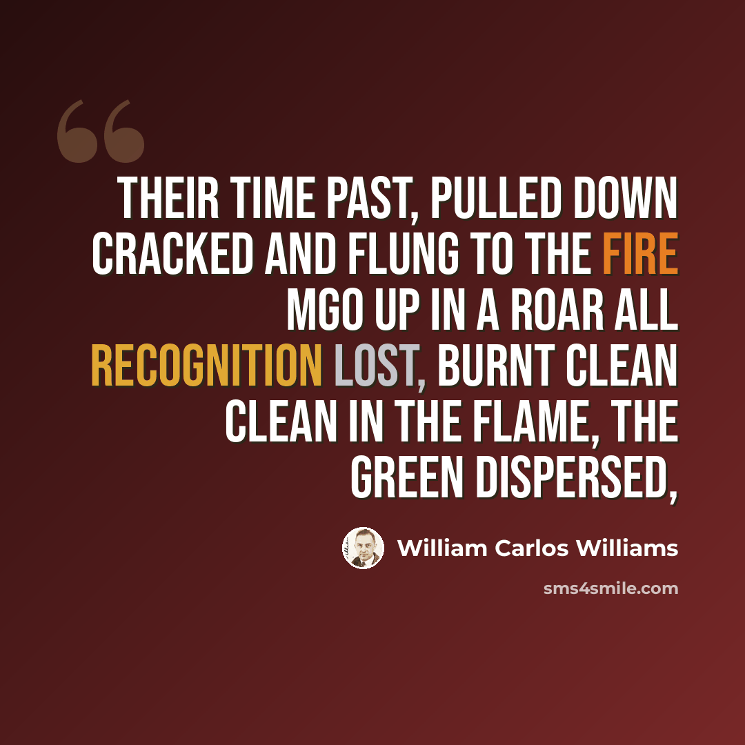 “Their time past, pulled down cracked and flung to the fire Mgo up in a roar All recognition lost, burnt clean clean in the flame, the green dispersed,” quote by William Carlos Williams