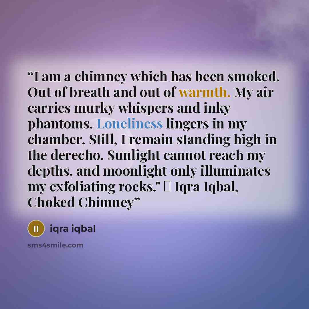 “I am a chimney which has been smoked. Out of breath and out of warmth. My air carries murky whispers and inky phantoms. Loneliness lingers in my chamber. Still, I remain standing high in the derecho. Sunlight cannot reach my depths, and moonlight only illuminates my exfoliating rocks." ― Iqra…” quote by Iqra Iqbal