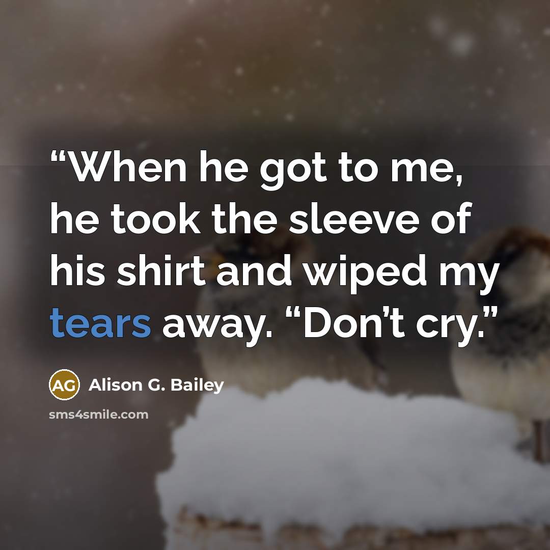 “When he got to me, he took the sleeve of his shirt and wiped my tears away. “Don’t cry.” quote by Alison G. Bailey
