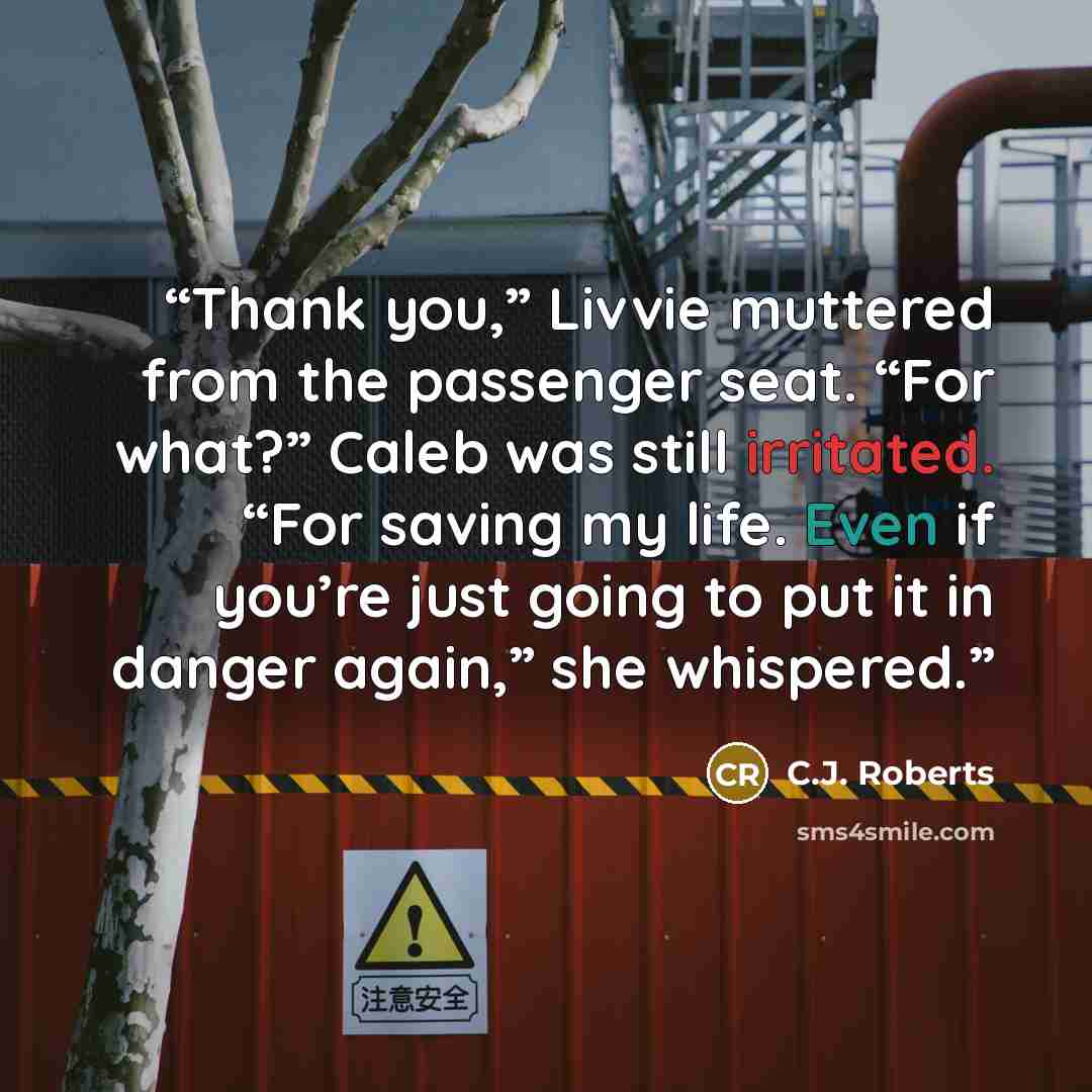 “Thank you,” Livvie muttered from the passenger seat. “For what?” Caleb was still irritated. “For saving my life. Even if you’re just going to put it in danger again,” she whispered.” quote by C.J. Roberts