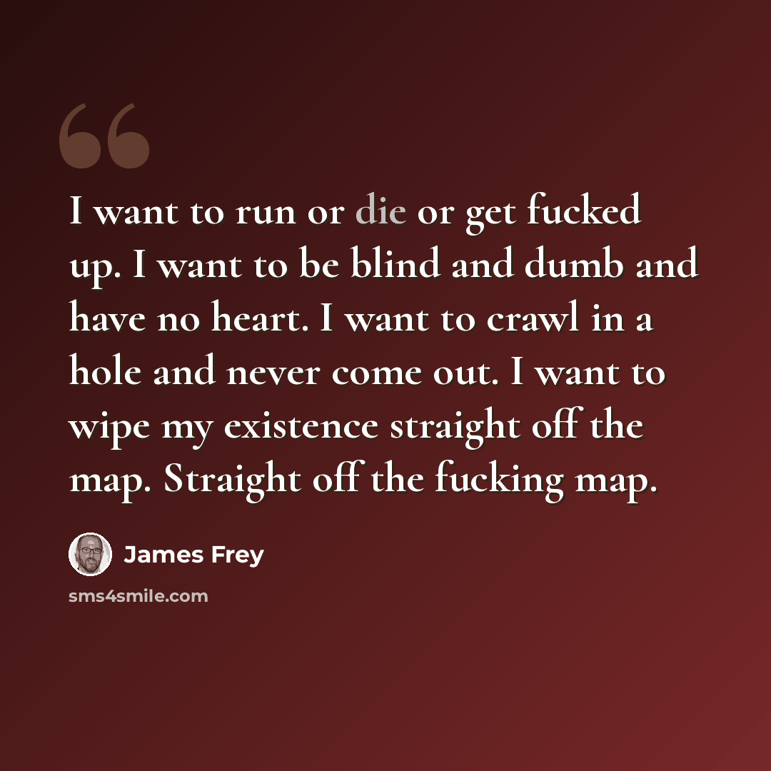 “I want to run or die or get fucked up. I want to be blind and dumb and have no heart. I want to crawl in a hole and never come out. I want to wipe my existence straight off the map. Straight off the fucking map.” quote by James Frey