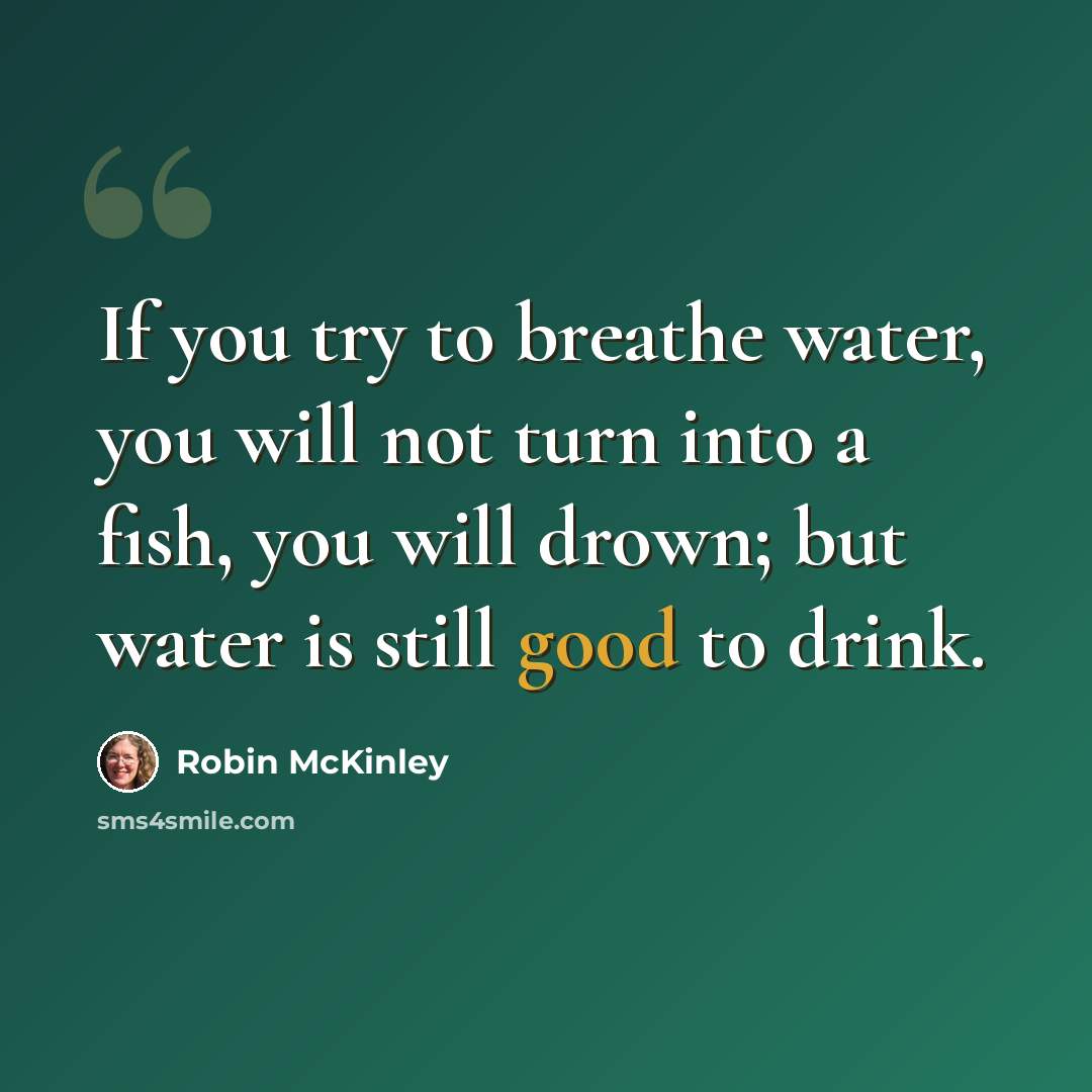 “If you try to breathe water, you will not turn into a fish, you will drown; but water is still good to drink.” quote by Robin McKinley