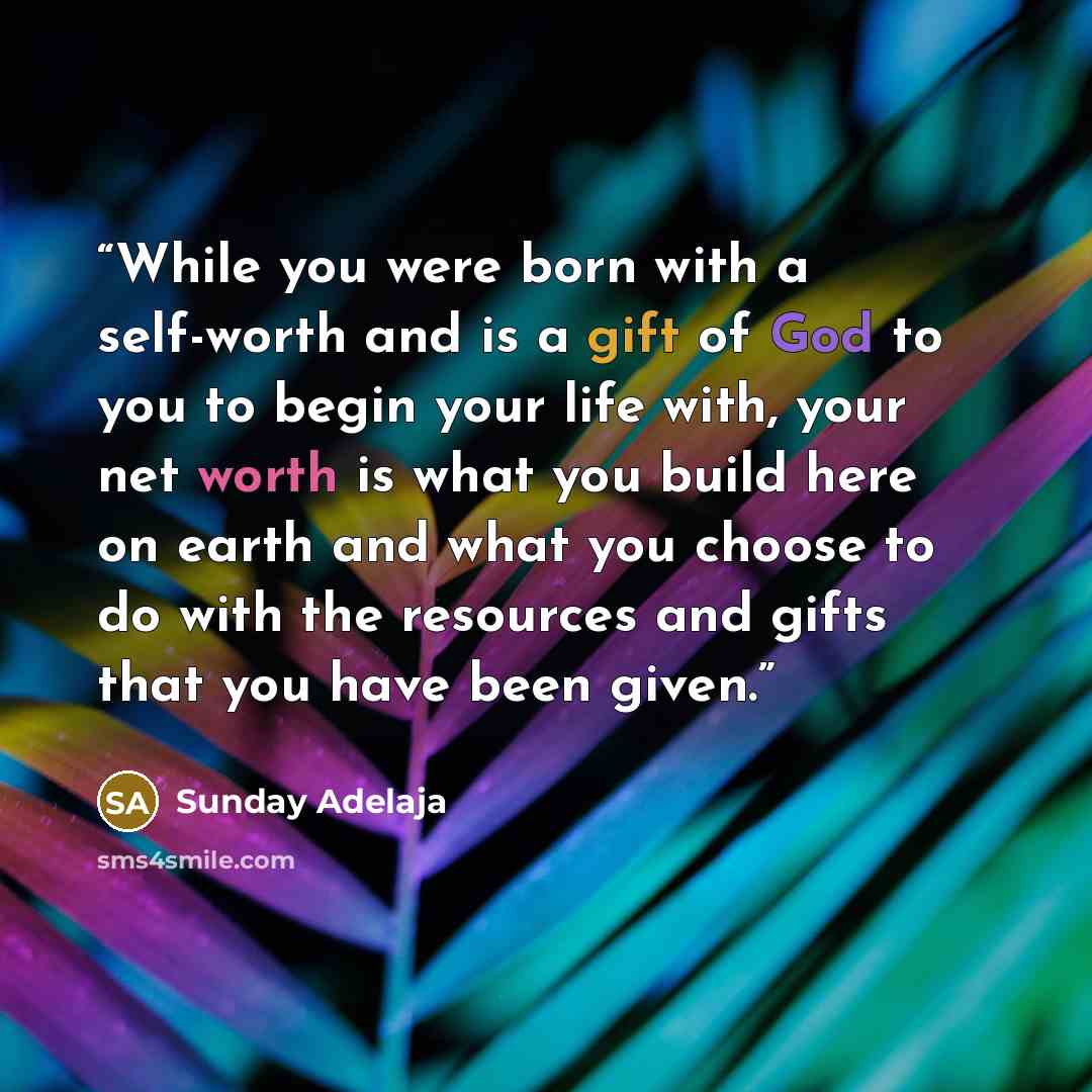 “While you were born with a self-worth and is a gift of God to you to begin your life with, your net worth is what you build here on earth and what you choose to do with the resources and gifts that you have been given.” quote by Sunday Adelaja