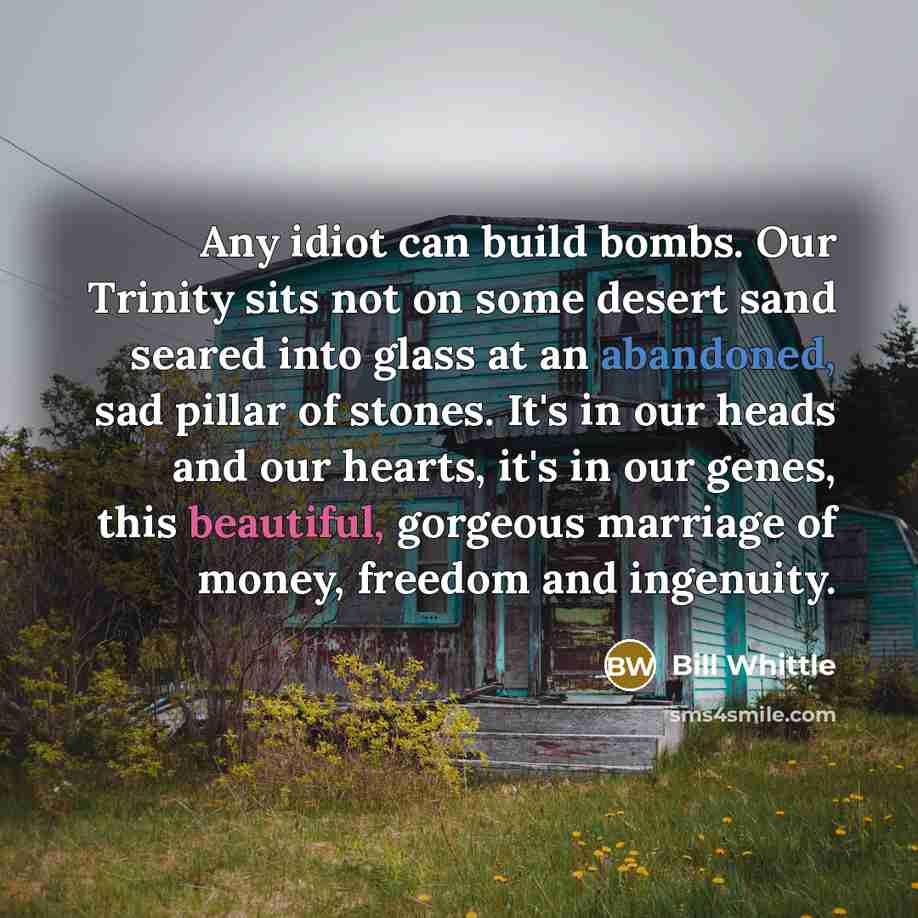 “Any idiot can build bombs. Our Trinity sits not on some desert sand seared into glass at an abandoned, sad pillar of stones. It's in our heads and our hearts, it's in our genes, this beautiful, gorgeous marriage of money, freedom and ingenuity.” quote by Bill Whittle