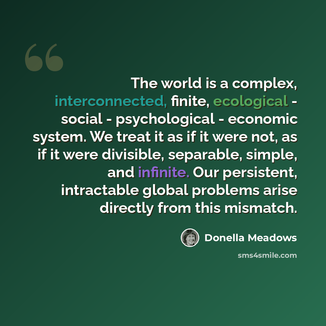 “The world is a complex, interconnected, finite, ecological - social - psychological - economic system. We treat it as if it were not, as if it were divisible, separable, simple, and infinite. Our persistent, intractable global problems arise directly from this mismatch.” quote by Donella Meadows