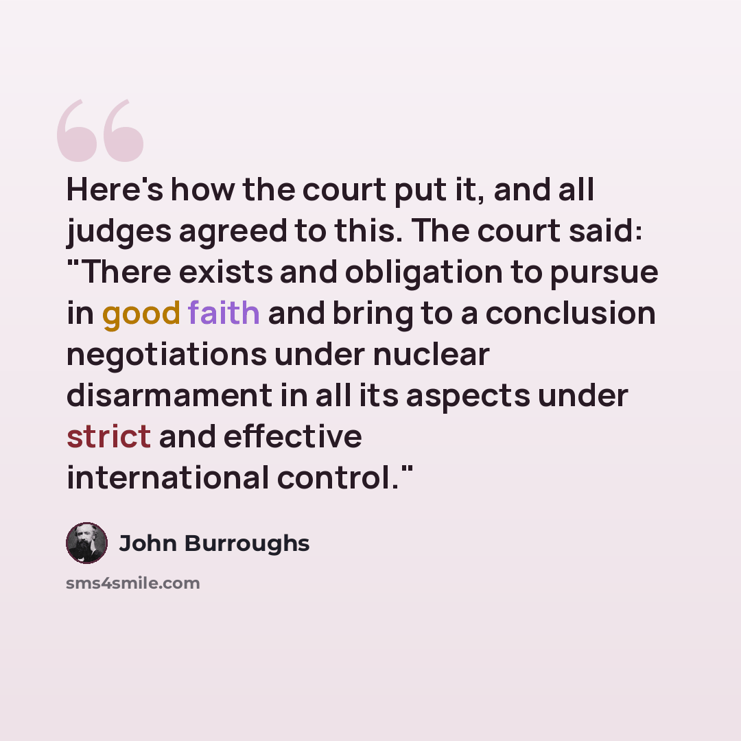“Here's how the court put it, and all judges agreed to this. The court said: "There exists and obligation to pursue in good faith and bring to a conclusion negotiations under nuclear disarmament in all its aspects under strict and effective international control."” quote by John Burroughs
