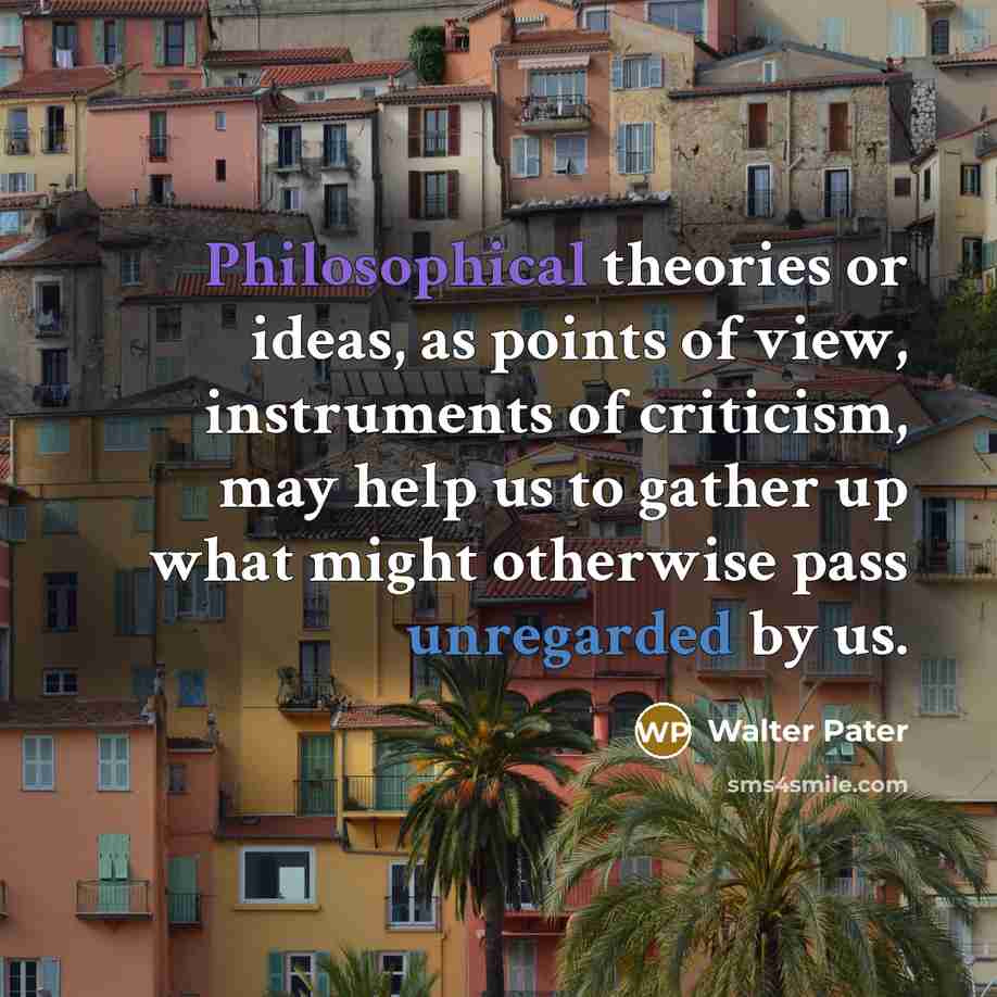 “Philosophical theories or ideas, as points of view, instruments of criticism, may help us to gather up what might otherwise pass unregarded by us.” quote by Walter Pater