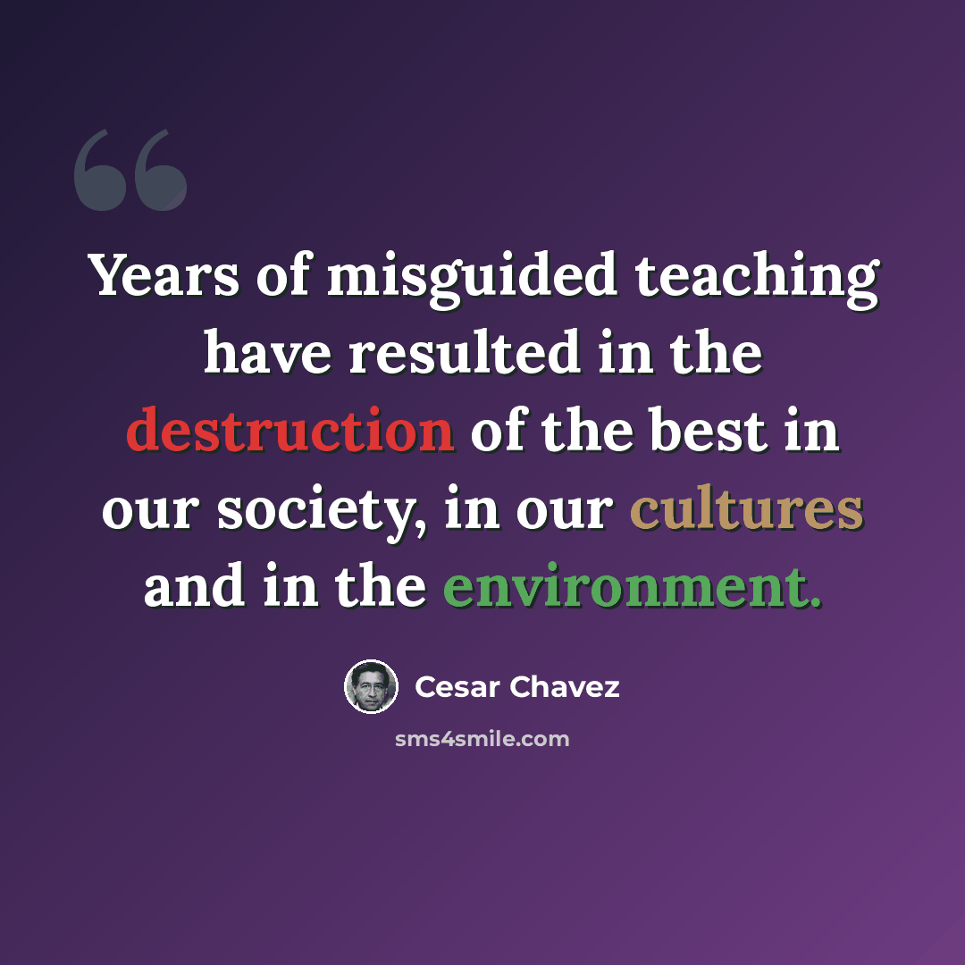 “Years of misguided teaching have resulted in the destruction of the best in our society, in our cultures and in the environment.” quote by Cesar Chavez