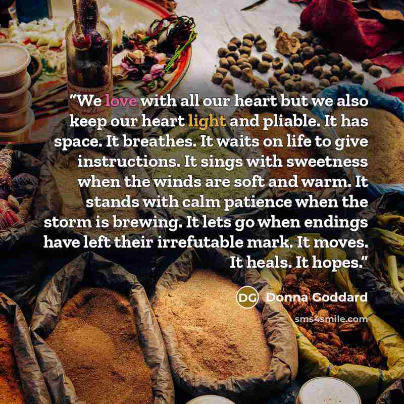 “We love with all our heart but we also keep our heart light and pliable. It has space. It breathes. It waits on life to give instructions. It sings with sweetness when the winds are soft and warm. It stands with calm patience when the storm is brewing. It lets go when endings have left their…” quote by Donna Goddard