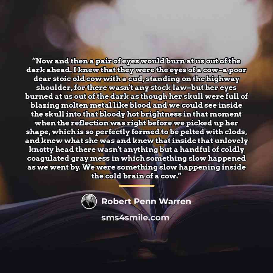 “Now and then a pair of eyes would burn at us out of the dark ahead. I knew that they were the eyes of a cow–a poor dear stoic old cow with a cud, standing on the highway shoulder, for there wasn't any stock law–but her eyes burned at us out of the dark as though her skull were full of blazing…” quote by Robert Penn Warren