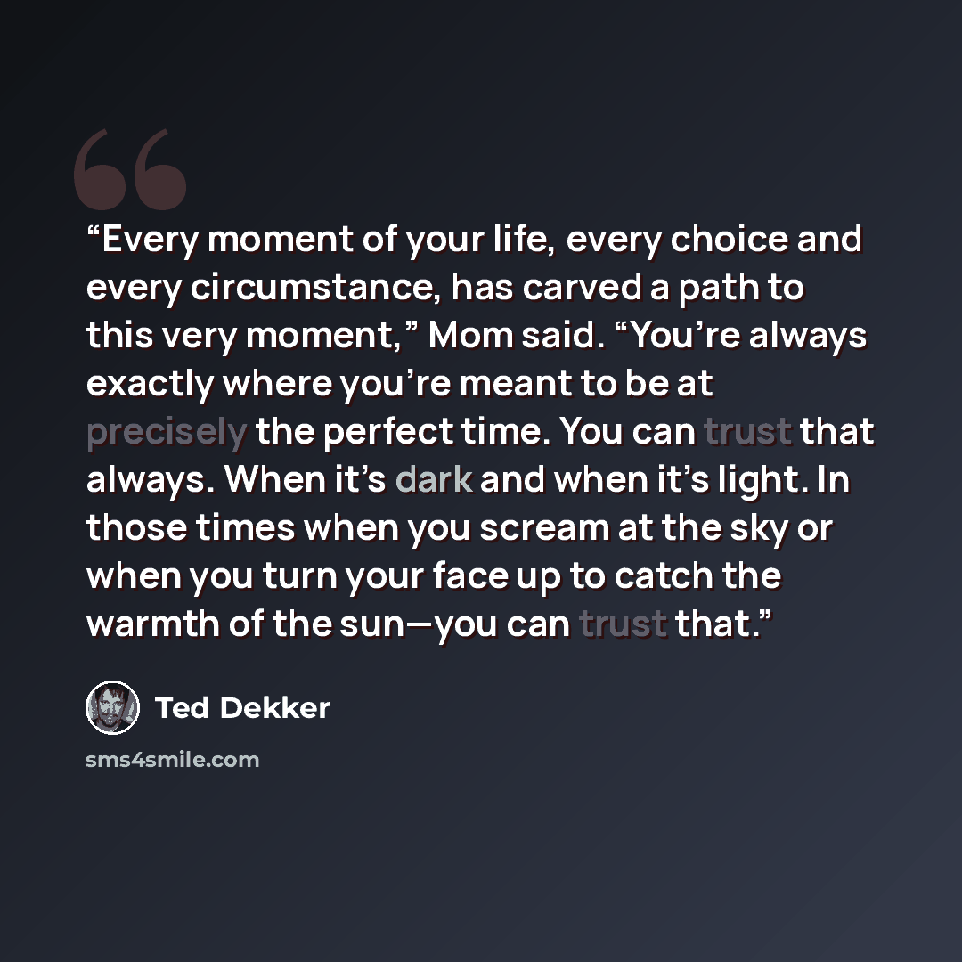 “Every moment of your life, every choice and every circumstance, has carved a path to this very moment,” Mom said. “You’re always exactly where you’re meant to be at precisely the perfect time. You can trust that always. When it’s dark and when it’s light. In those times when you scream at the sky…” quote by Ted Dekker
