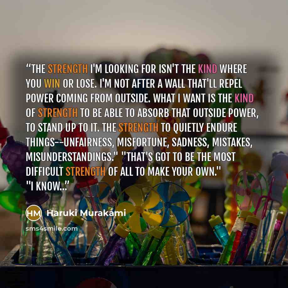 “The strength I'm looking for isn't the kind where you win or lose. I'm not after a wall that'll repel power coming from outside. What I want is the kind of strength to be able to absorb that outside power, to stand up to it. The strength to quietly endure things--unfairness, misfortune, sadness…” quote by Haruki Murakami