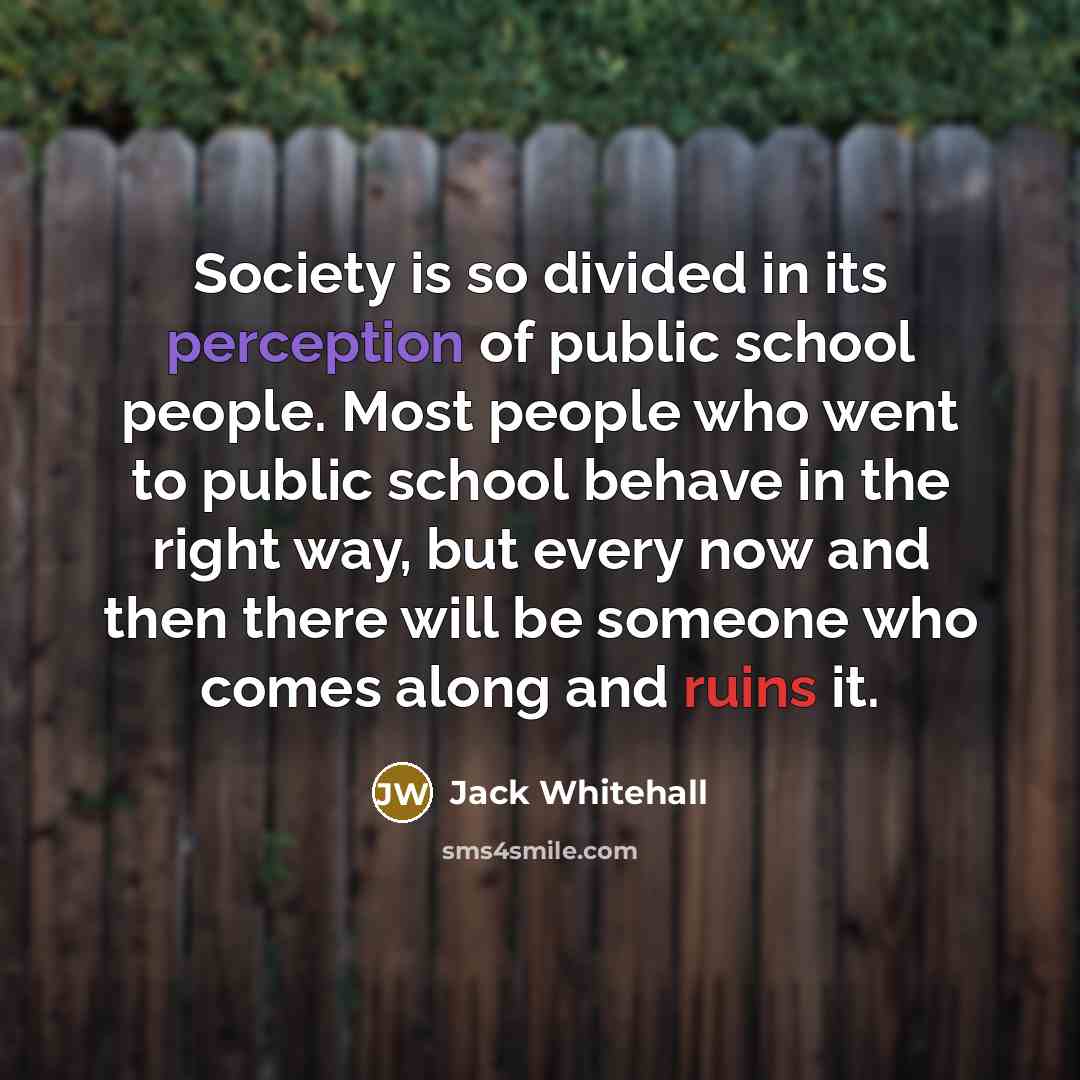 “Society is so divided in its perception of public school people. Most people who went to public school behave in the right way, but every now and then there will be someone who comes along and ruins it.” quote by Jack Whitehall