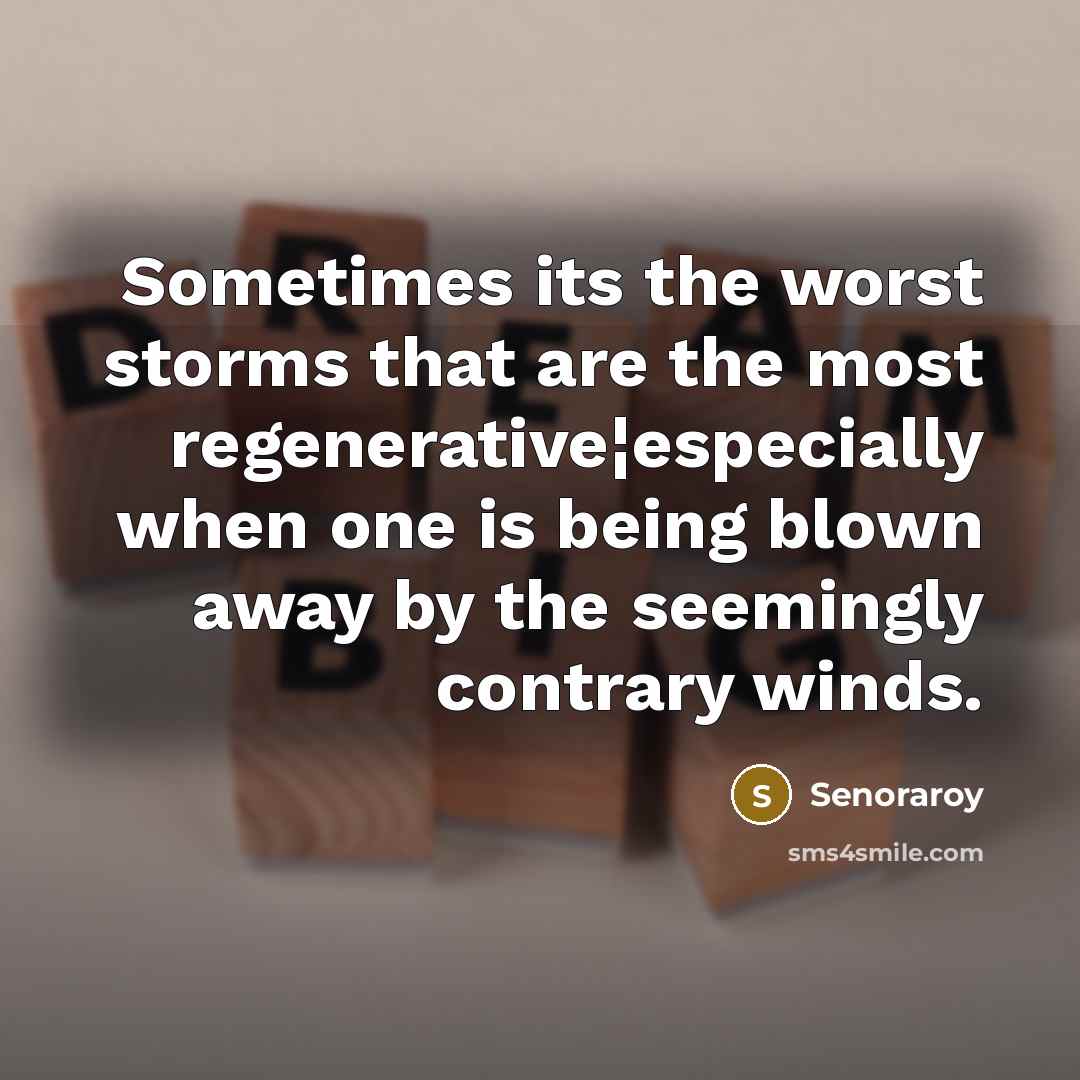 “Sometimes its the worst storms that are the most regenerative¦especially when one is being blown away by the seemingly contrary winds.” quote by Senoraroy