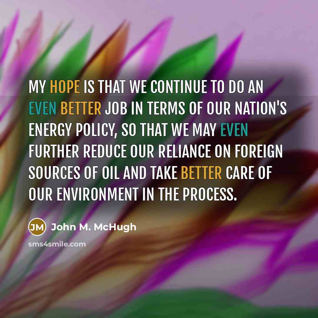 “My hope is that we continue to do an even better job in terms of our nation's energy policy, so that we may even further reduce our reliance on foreign sources of oil and take better care of our environment in the process.” quote by John M. McHugh