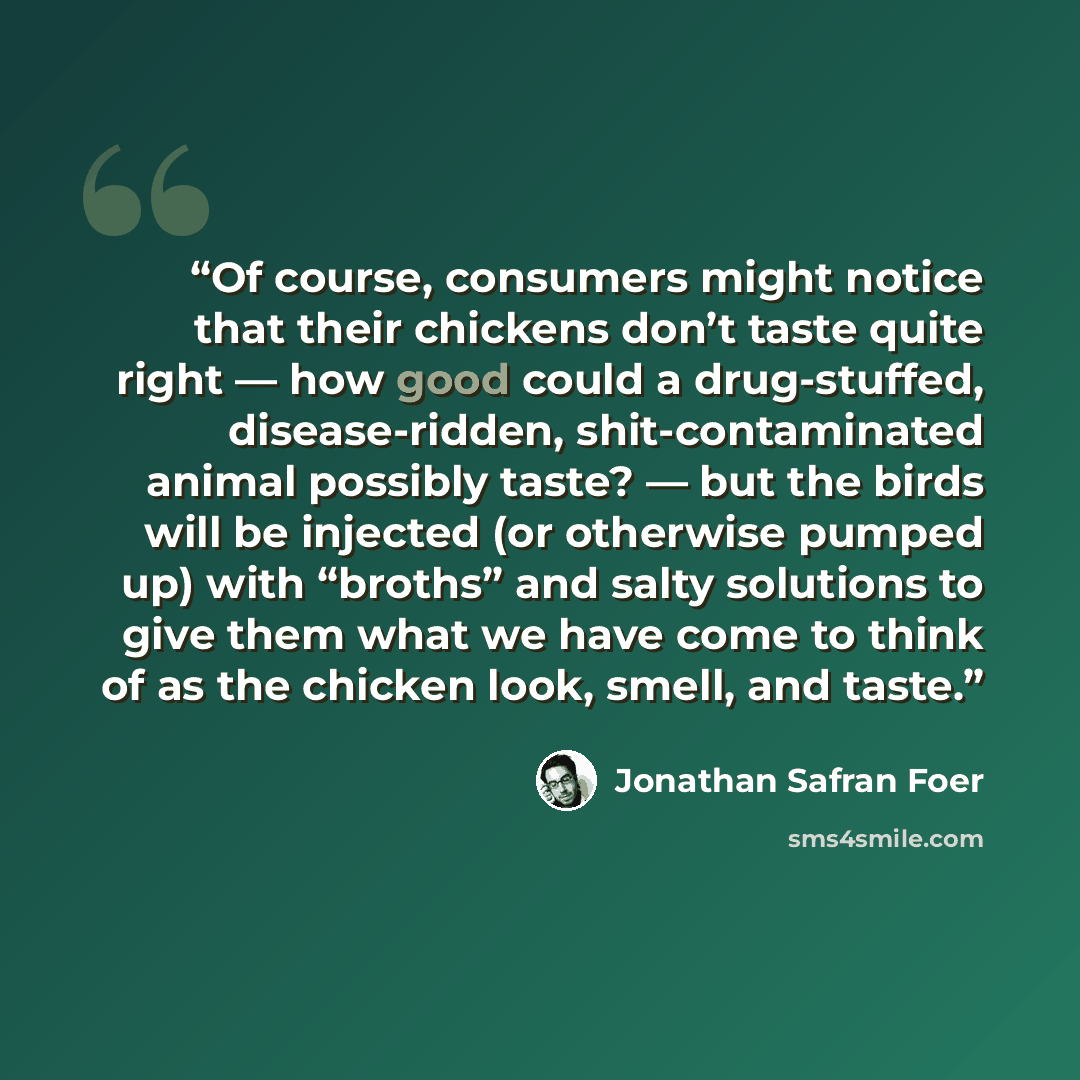 “Of course, consumers might notice that their chickens don’t taste quite right — how good could a drug-stuffed, disease-ridden, shit-contaminated animal possibly taste? — but the birds will be injected (or otherwise pumped up) with “broths” and salty solutions to give them what we have come to…” quote by Jonathan Safran Foer