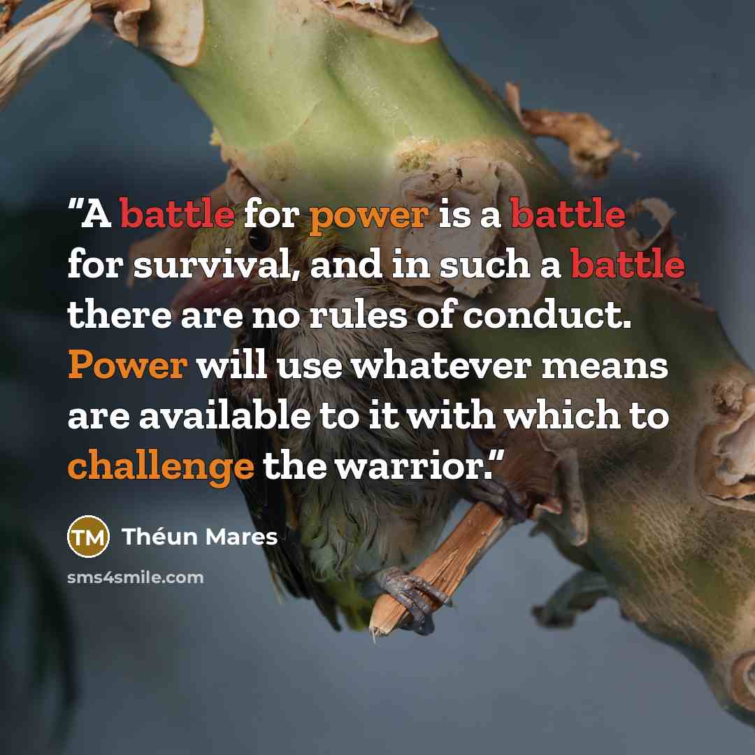 “A battle for power is a battle for survival, and in such a battle there are no rules of conduct. Power will use whatever means are available to it with which to challenge the warrior.” quote by Théun Mares