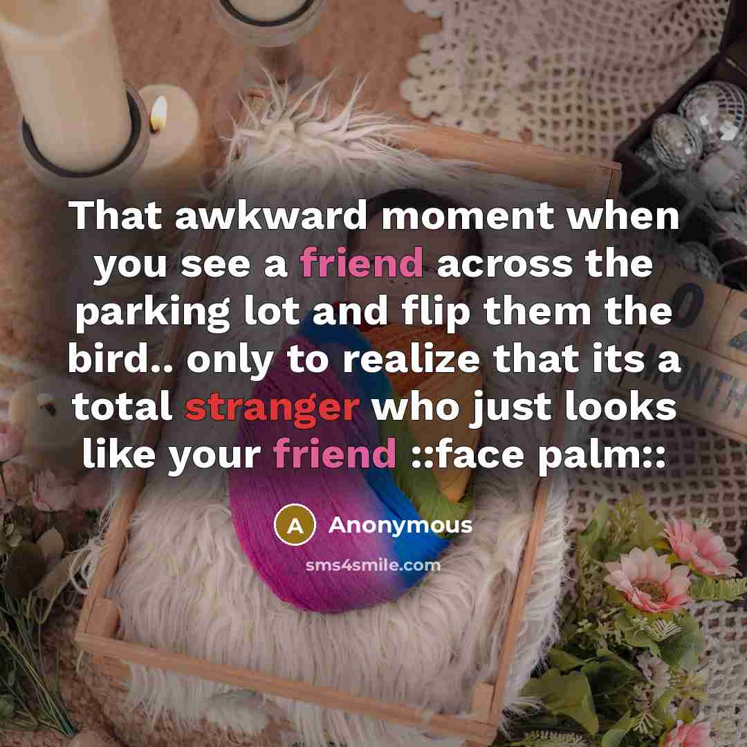 “That awkward moment when you see a friend across the parking lot and flip them the bird.. only to realize that its a total stranger who just looks like your friend ::face palm::” quote by Anonymous