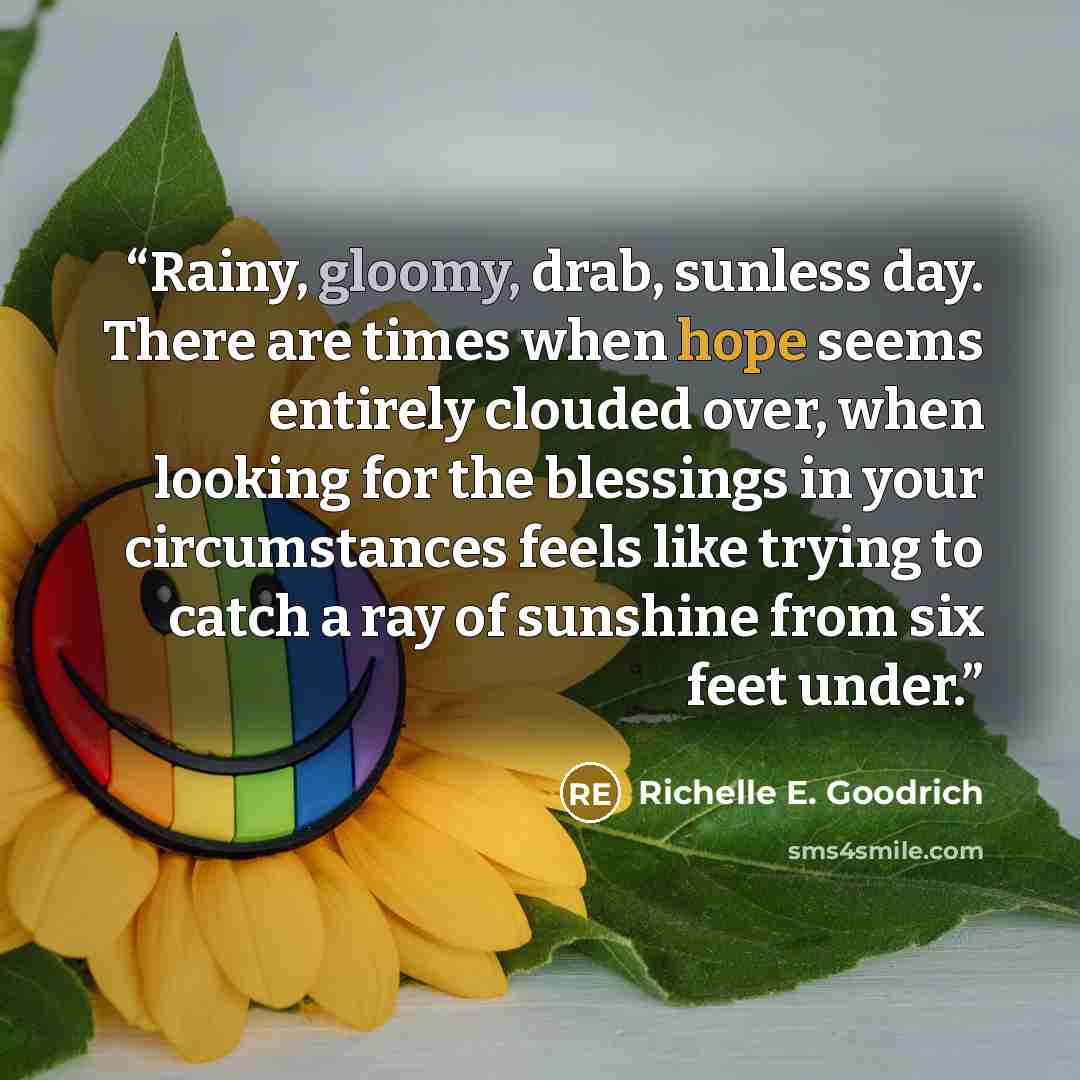 “Rainy, gloomy, drab, sunless day. There are times when hope seems entirely clouded over, when looking for the blessings in your circumstances feels like trying to catch a ray of sunshine from six feet under.” quote by Richelle E. Goodrich