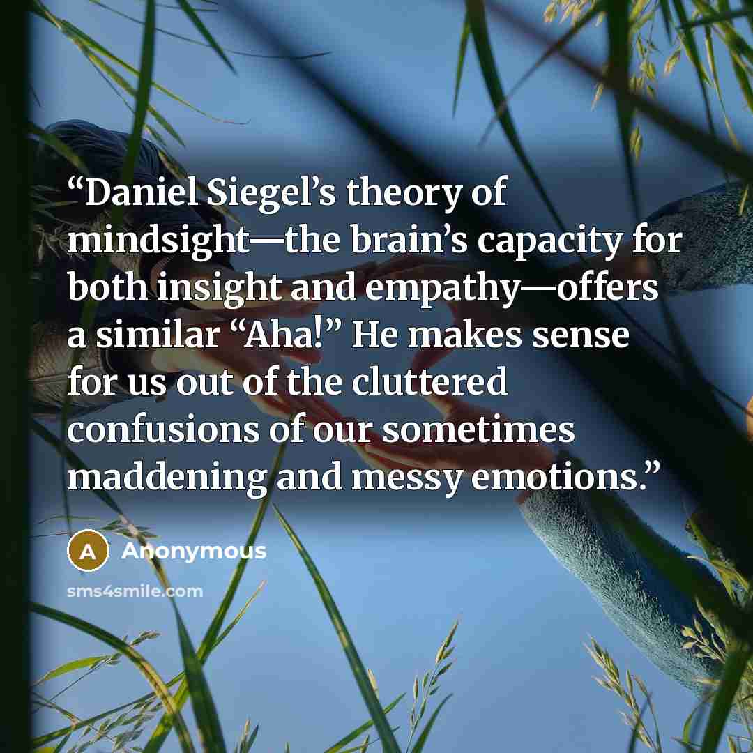 “Daniel Siegel’s theory of mindsight—the brain’s capacity for both insight and empathy—offers a similar “Aha!” He makes sense for us out of the cluttered confusions of our sometimes maddening and messy emotions.” quote by Anonymous