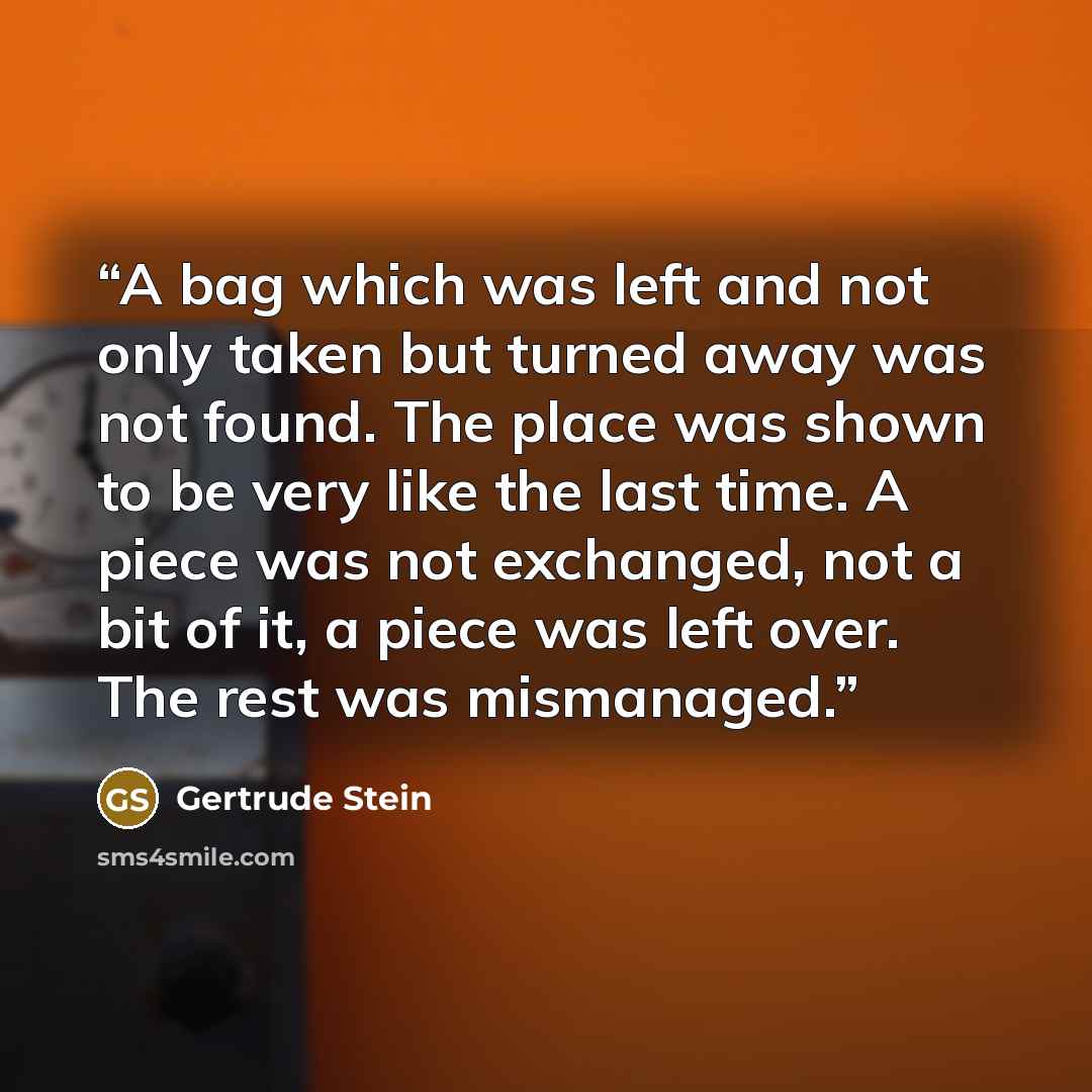 “A bag which was left and not only taken but turned away was not found. The place was shown to be very like the last time. A piece was not exchanged, not a bit of it, a piece was left over. The rest was mismanaged.” quote by Gertrude Stein