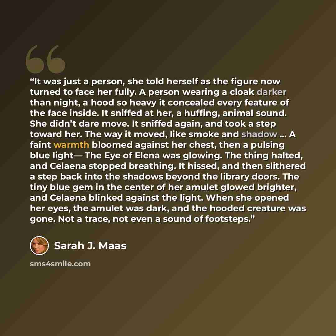 “It was just a person, she told herself as the figure now turned to face her fully. A person wearing a cloak darker than night, a hood so heavy it concealed every feature of the face inside. It sniffed at her, a huffing, animal sound. She didn’t dare move. It sniffed again, and took a step toward…” quote by Sarah J. Maas