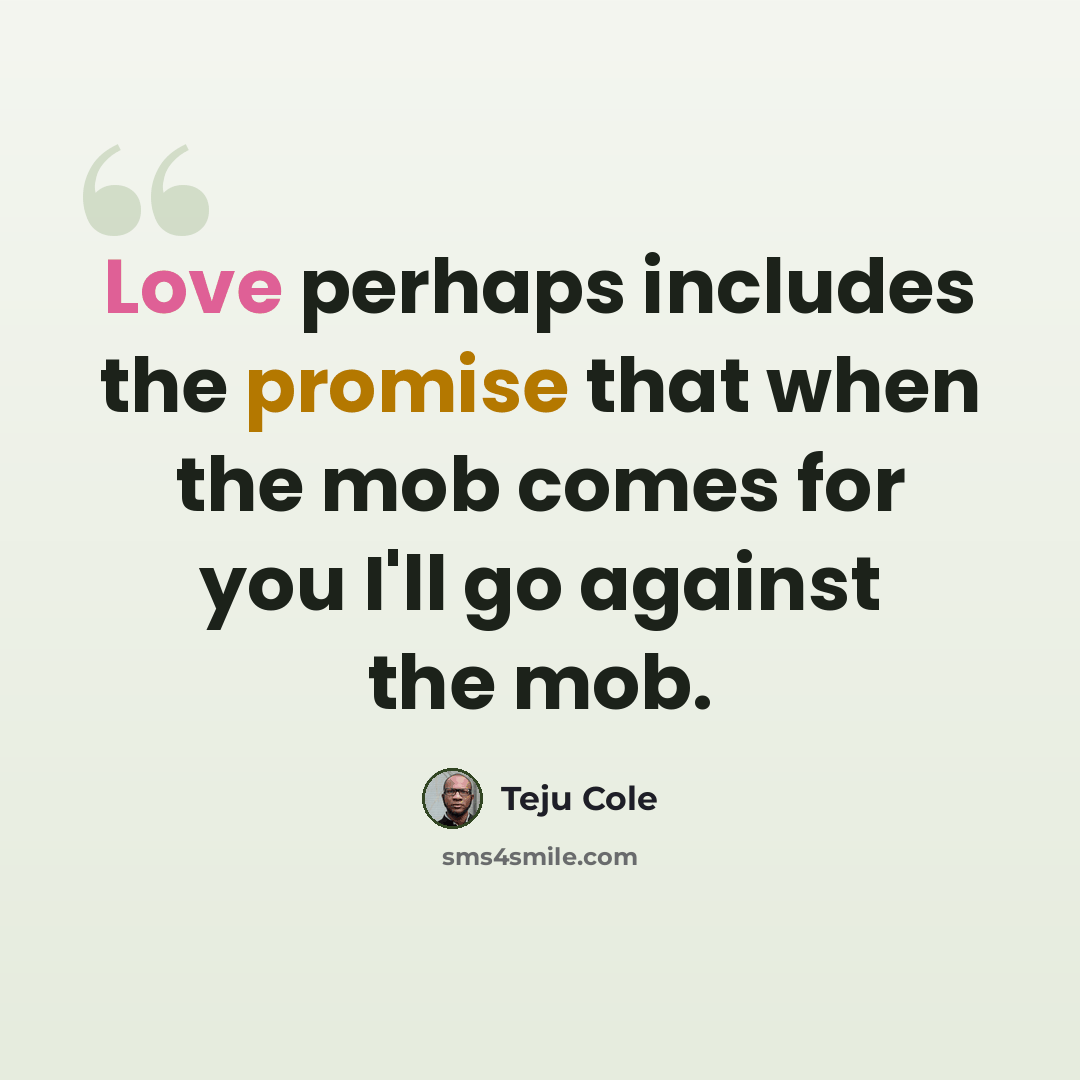 “Love perhaps includes the promise that when the mob comes for you I'll go against the mob.” quote by Teju Cole
