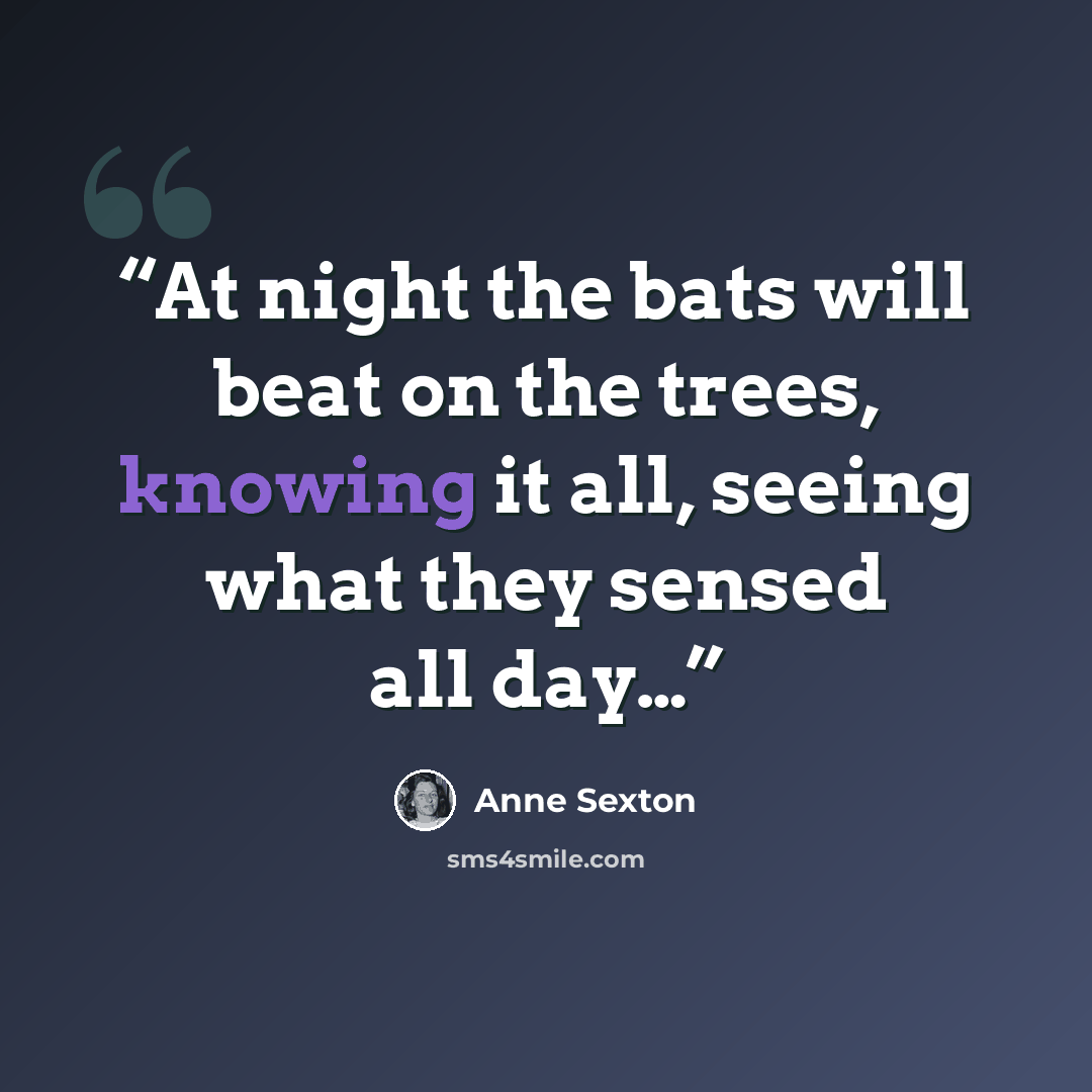 “At night the bats will beat on the trees, knowing it all, seeing what they sensed all day…” quote by Anne Sexton