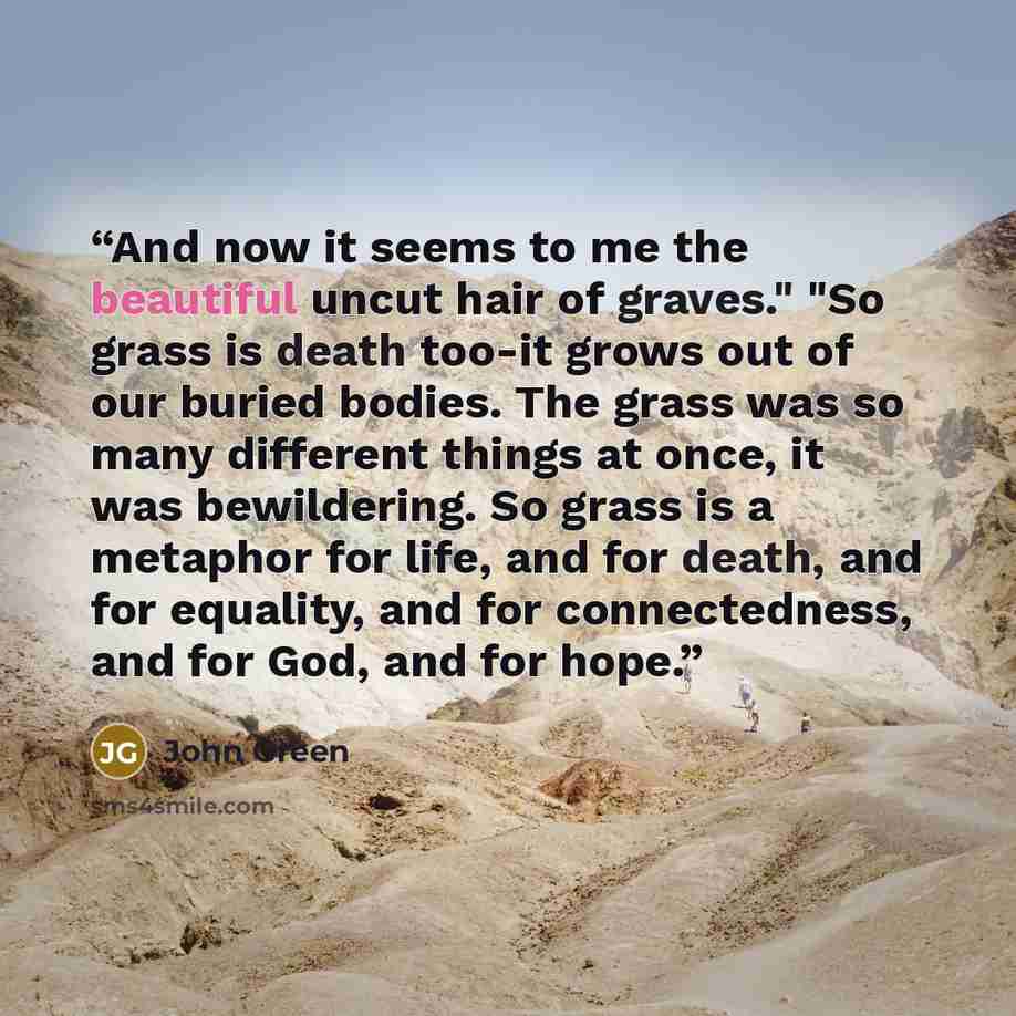 “And now it seems to me the beautiful uncut hair of graves." "So grass is death too-it grows out of our buried bodies. The grass was so many different things at once, it was bewildering. So grass is a metaphor for life, and for death, and for equality, and for connectedness, and for God, and for…” quote by John Green