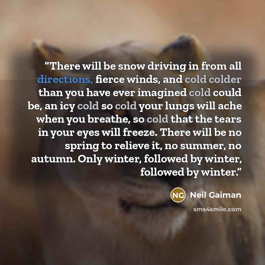 “There will be snow driving in from all directions, fierce winds, and cold colder than you have ever imagined cold could be, an icy cold so cold your lungs will ache when you breathe, so cold that the tears in your eyes will freeze. There will be no spring to relieve it, no summer, no autumn. Only…” quote by Neil Gaiman